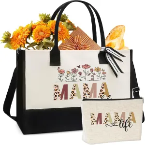 Mama Canvas Tote Bag - 2pcs Appreciation Gifts for Mom Women Floral Totes with Portable Makeup Bags Gift Set for Mother'S Day Thanks Birthday Present Christimas Holiday Travel Accessories