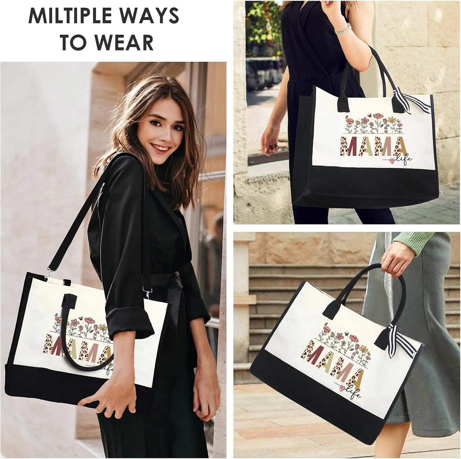 Mama Canvas Tote Bag - 2pcs Appreciation Gifts for Mom Women Floral Totes with Portable Makeup Bags Gift Set for Mother'S Day Thanks Birthday Present Christimas Holiday Travel Accessories