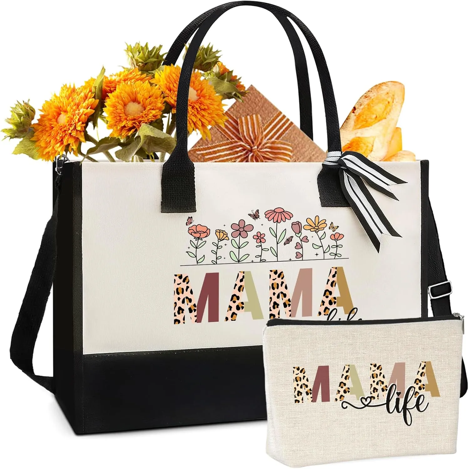 Mama Canvas Tote Bag - 2pcs Appreciation Gifts for Mom Women Floral Totes with Portable Makeup Bags Gift Set for Mother'S Day Thanks Birthday Present Christimas Holiday Travel Accessories