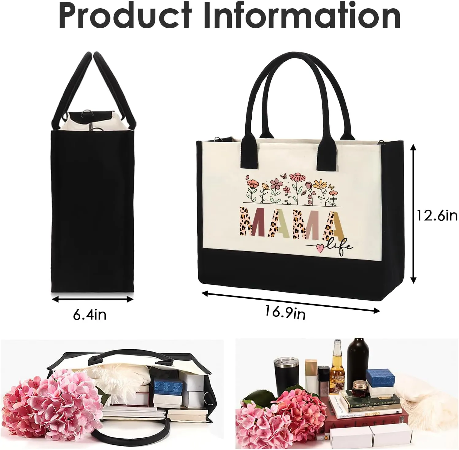 Mama Canvas Tote Bag - 2pcs Appreciation Gifts for Mom Women Floral Totes with Portable Makeup Bags Gift Set for Mother'S Day Thanks Birthday Present Christimas Holiday Travel Accessories