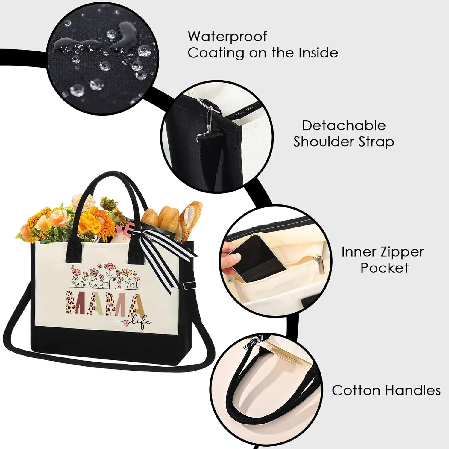 Mama Canvas Tote Bag - 2pcs Appreciation Gifts for Mom Women Floral Totes with Portable Makeup Bags Gift Set for Mother'S Day Thanks Birthday Present Christimas Holiday Travel Accessories