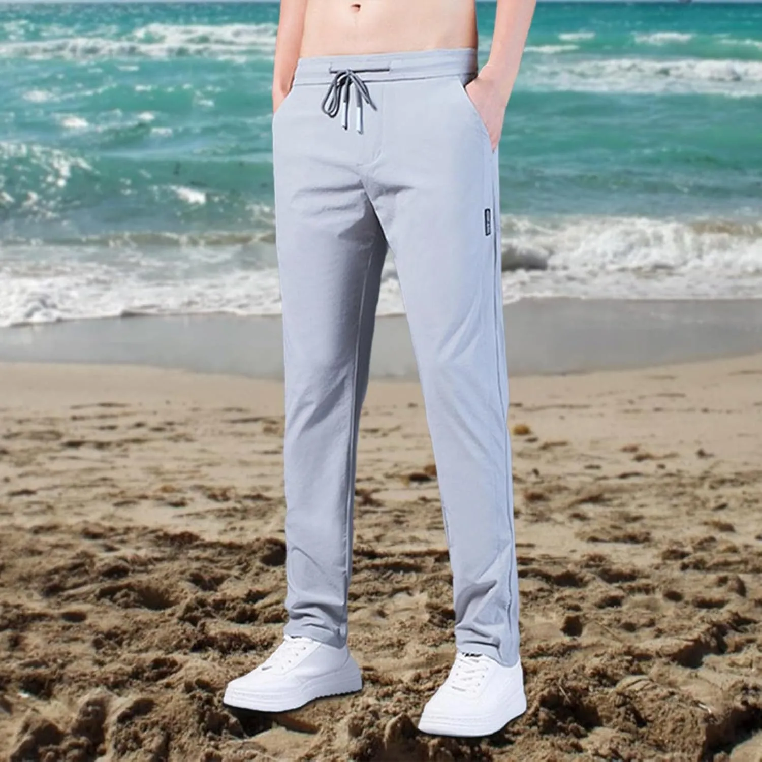 Men Combat Cargo Pants Casual Linen Stretch Drawstring Pant Beach Sweatpants Joggers Baggy Yoga Jogger Bottoms