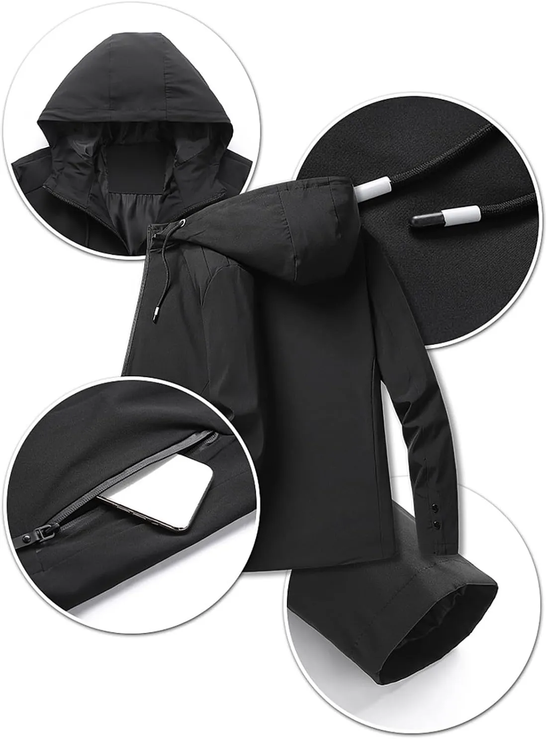 Men Hooded Jacket Waterproof Lightweight Insulated Fleece Rain Jacket Outdoor Raincoat Shell Jacket for Hiking Travel