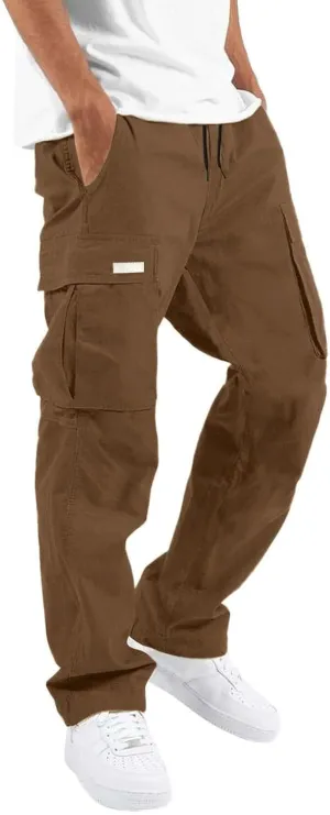 Men's Cargo Combat Pants Casual Linen Stretch Elastic Waist Pant Sweatpants Joggers Loose Gym Yoga Jogging