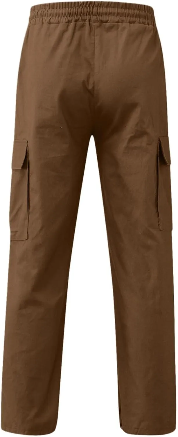 Men's Cargo Combat Pants Casual Linen Stretch Elastic Waist Pant Sweatpants Joggers Loose Gym Yoga Jogging