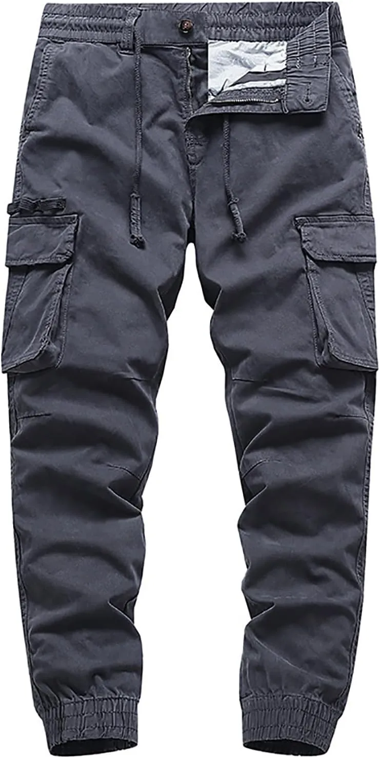 Men's Cargo Pants Big and Tall Elastic Waist Drawstring Workwear Lightweight Solid Color Casual Sweatpants with Pockets