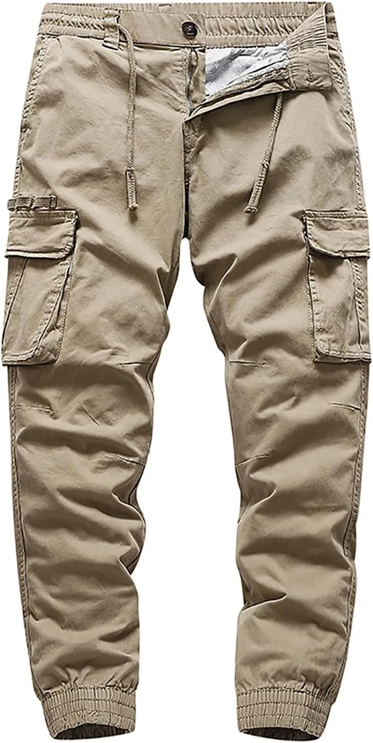 Men's Cargo Pants Big and Tall Elastic Waist Drawstring Workwear Lightweight Solid Color Casual Sweatpants with Pockets