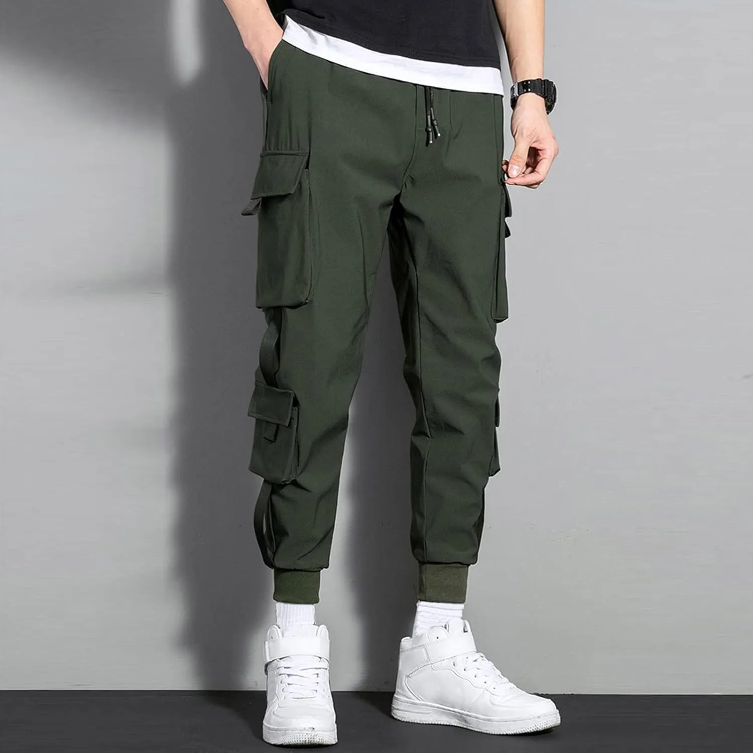 Mens Cargo Pants Relaxed Fit Plus Size Elastic Waist Tapered Harem Pants Drawstring Lightweight Baggy Athleric Joggers