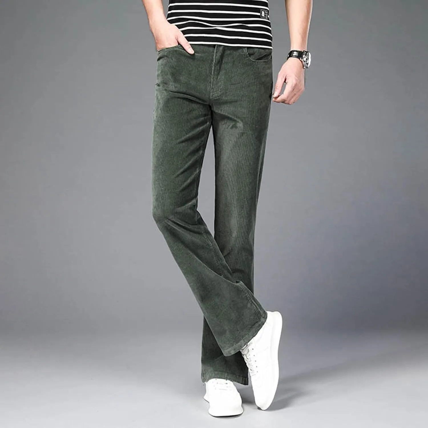 Men's Casual Flared Pants Slim Fit Stretch Waist Corduroy Pants Lightweight Plus Size Summer Lounge Pants with Pockets