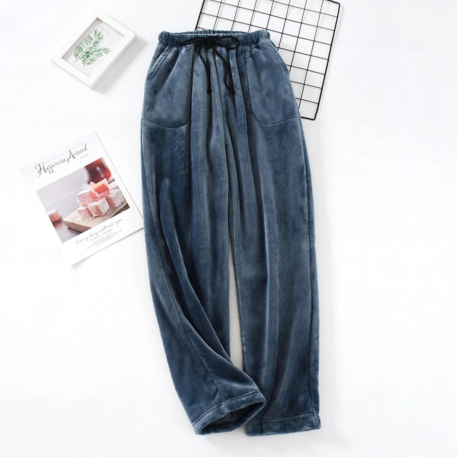 Men's Casual Fleece Pants Relaxed Fit Stretch Waist Thickened Lounge Pants Plus Size Straight Leg Comfy Baggy Trousers