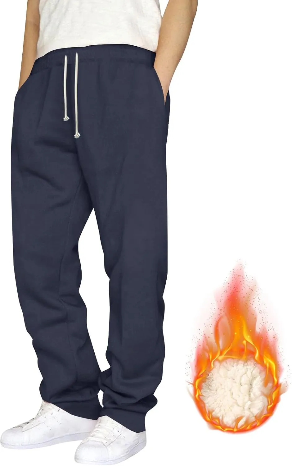 Mens Casual Fleece Pants Relaxed Fit Stretch Waist Warm Sweatpants Plus Size Soft Comfy Winter Lounge Pants with Pockets