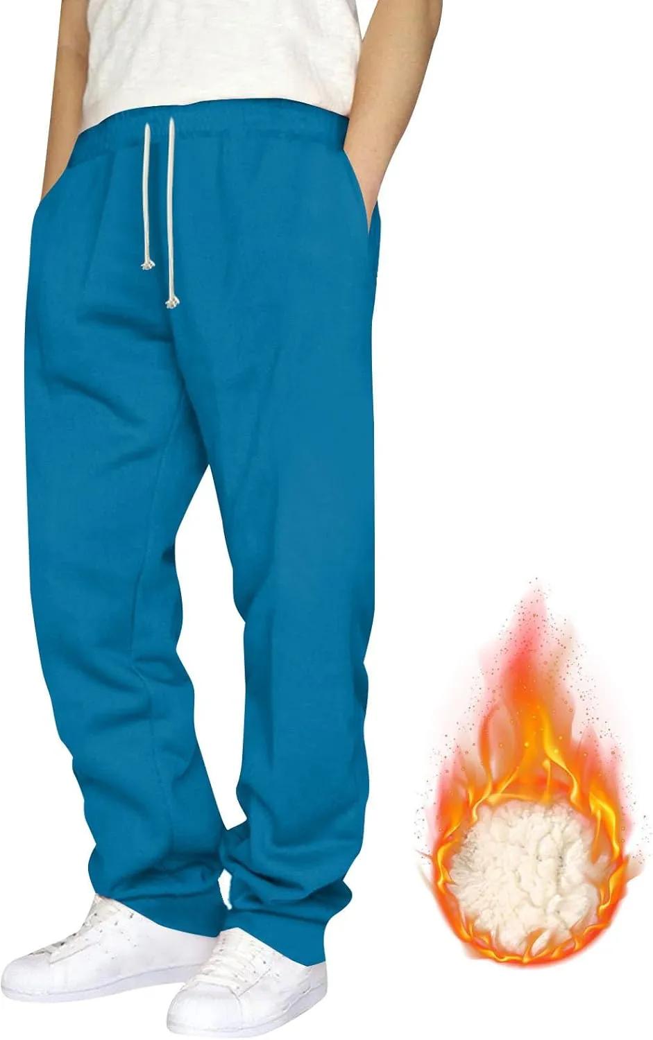 Mens Casual Fleece Pants Relaxed Fit Stretch Waist Warm Sweatpants Plus Size Soft Comfy Winter Lounge Pants with Pockets