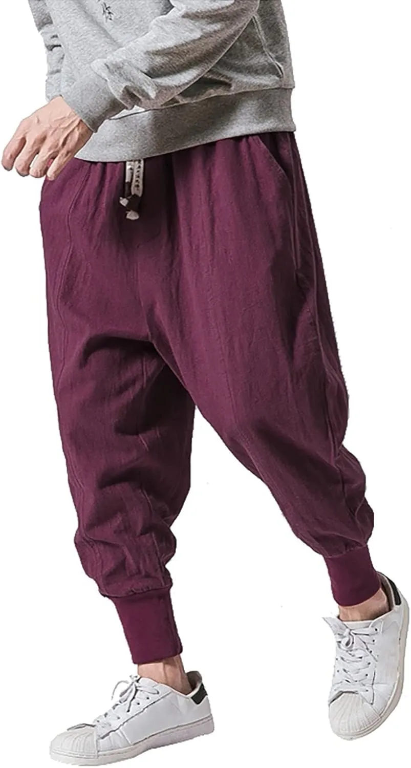Mens Casual Pants Elastic Waist Drawstring Baggy Tapered Trousers Drawstring Lightweight Casual Harem Pants with Pockets