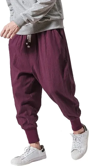 Mens Casual Pants Elastic Waist Drawstring Baggy Tapered Trousers Drawstring Lightweight Casual Harem Pants with Pockets