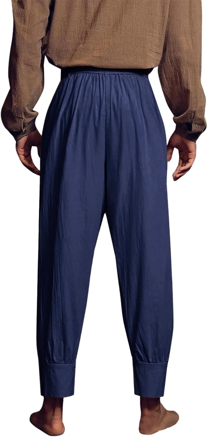 Mens Casual Pants Elastic Waist Drawstring Retro Medieval Tapered Pants Lightweight Slim Fit Summer Beach Yoga Trousers