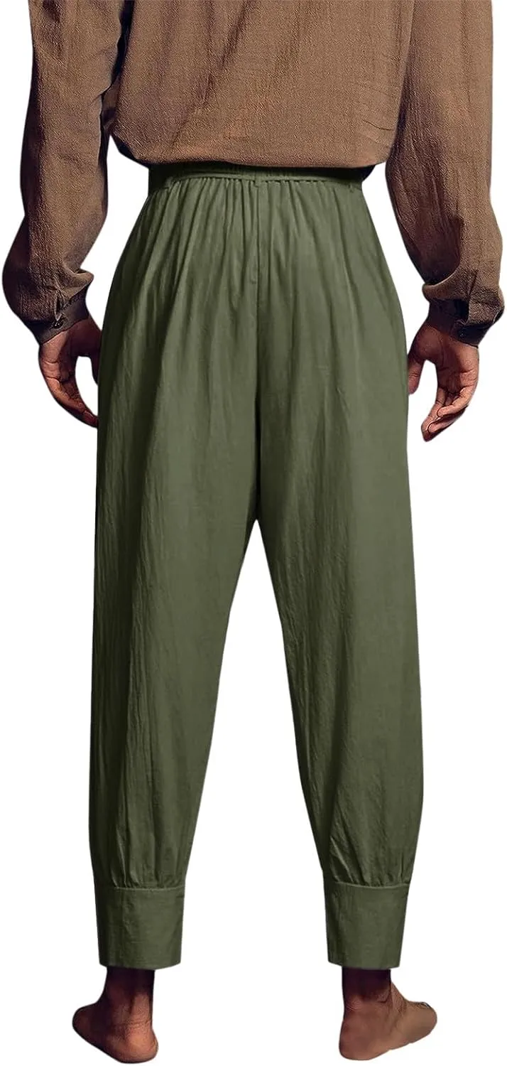 Mens Casual Pants Elastic Waist Drawstring Retro Medieval Tapered Pants Lightweight Slim Fit Summer Beach Yoga Trousers