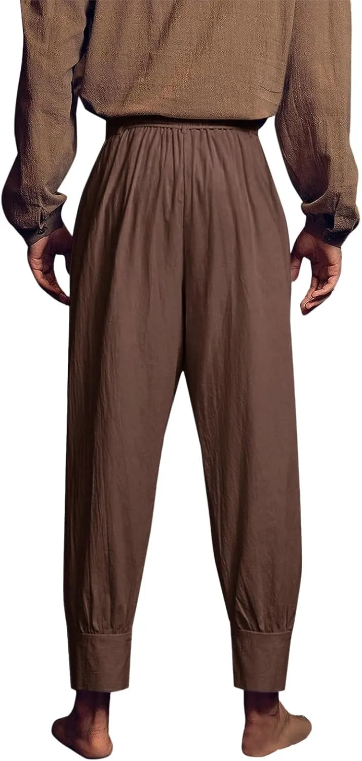 Mens Casual Pants Elastic Waist Drawstring Retro Medieval Tapered Pants Lightweight Slim Fit Summer Beach Yoga Trousers