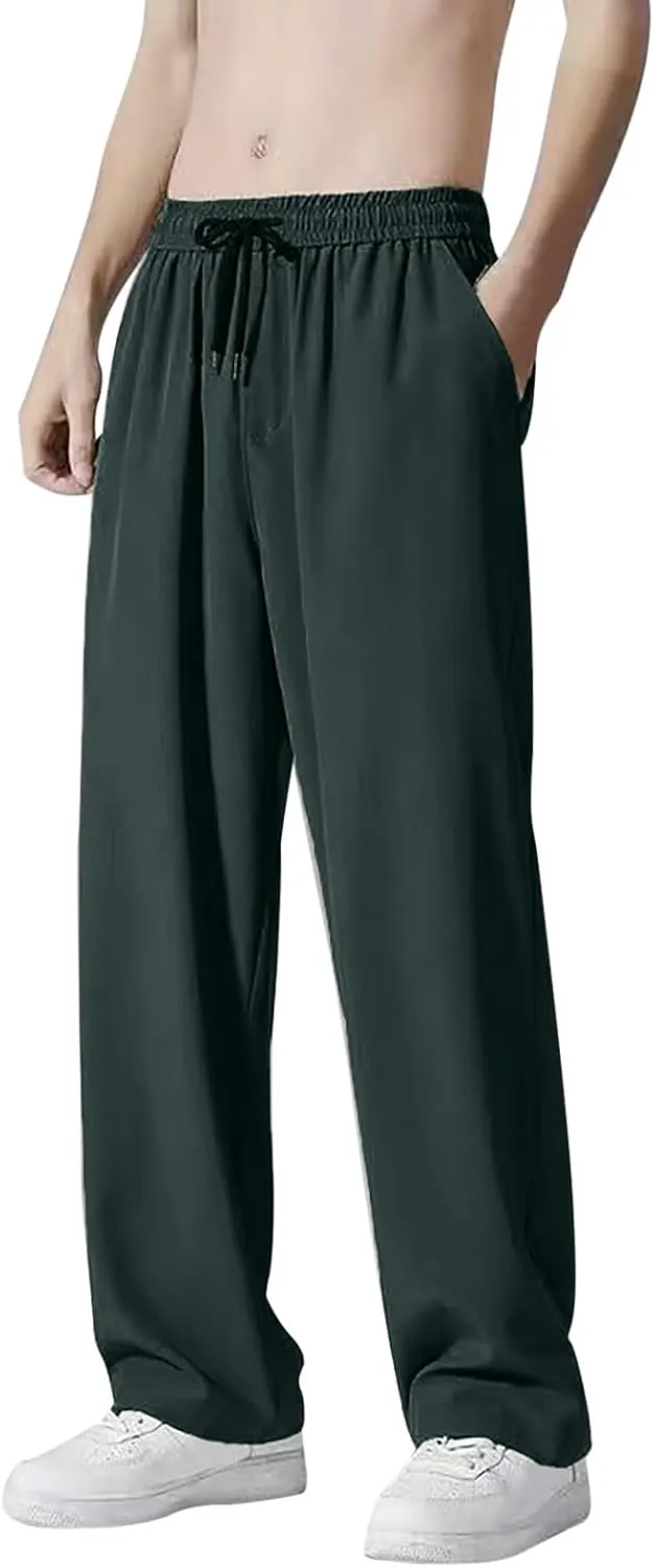 Mens Casual Pants Elastic Waist Drawstring Straight Wide Leg Sweatpants Baggy Lightweight Summer Breathable Athletic Pants