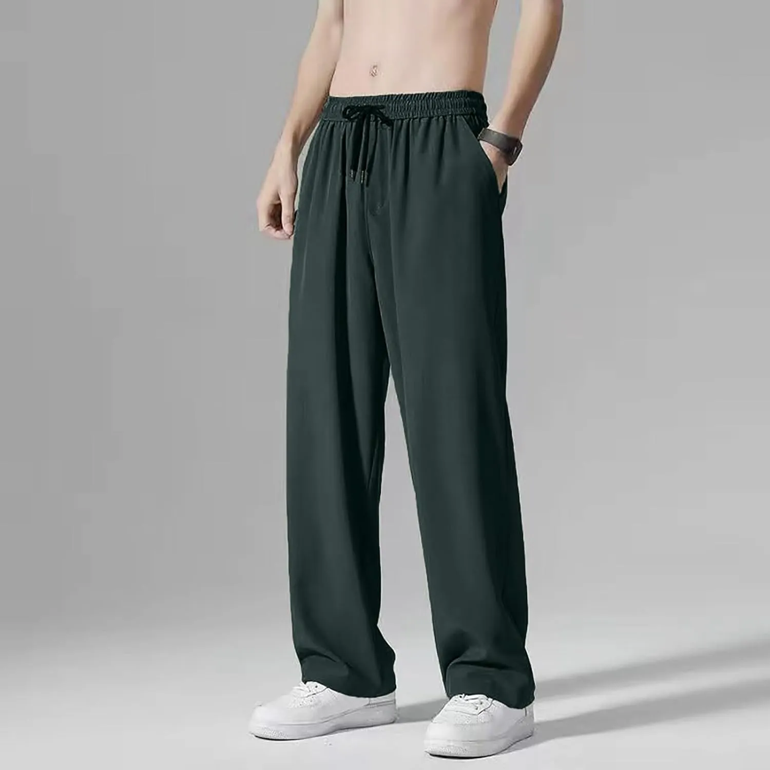 Mens Casual Pants Elastic Waist Drawstring Straight Wide Leg Sweatpants Baggy Lightweight Summer Breathable Athletic Pants