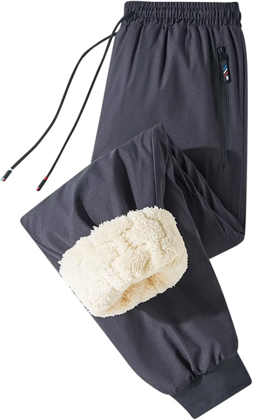 Mens Casual Pants Elastic Waist Relaxed Fit Windproof Fleece Trousers Plus Size Lightweight Straight Leg Tapered Joggers