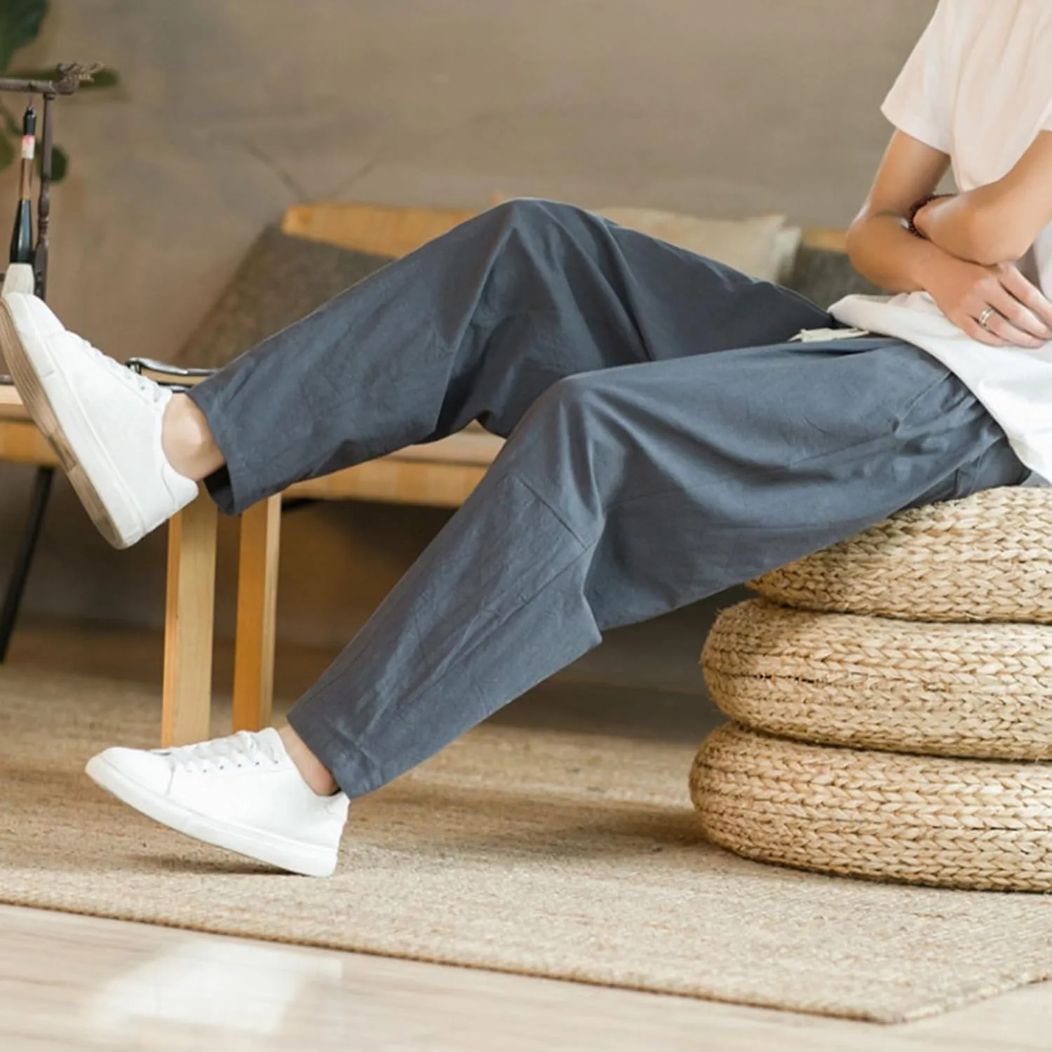 Mens Casual Pants Relaxed Fit Elastic Waist Lightweight Cotton Pants Plus Size Drawstring Summer Beach Pant with Pockets