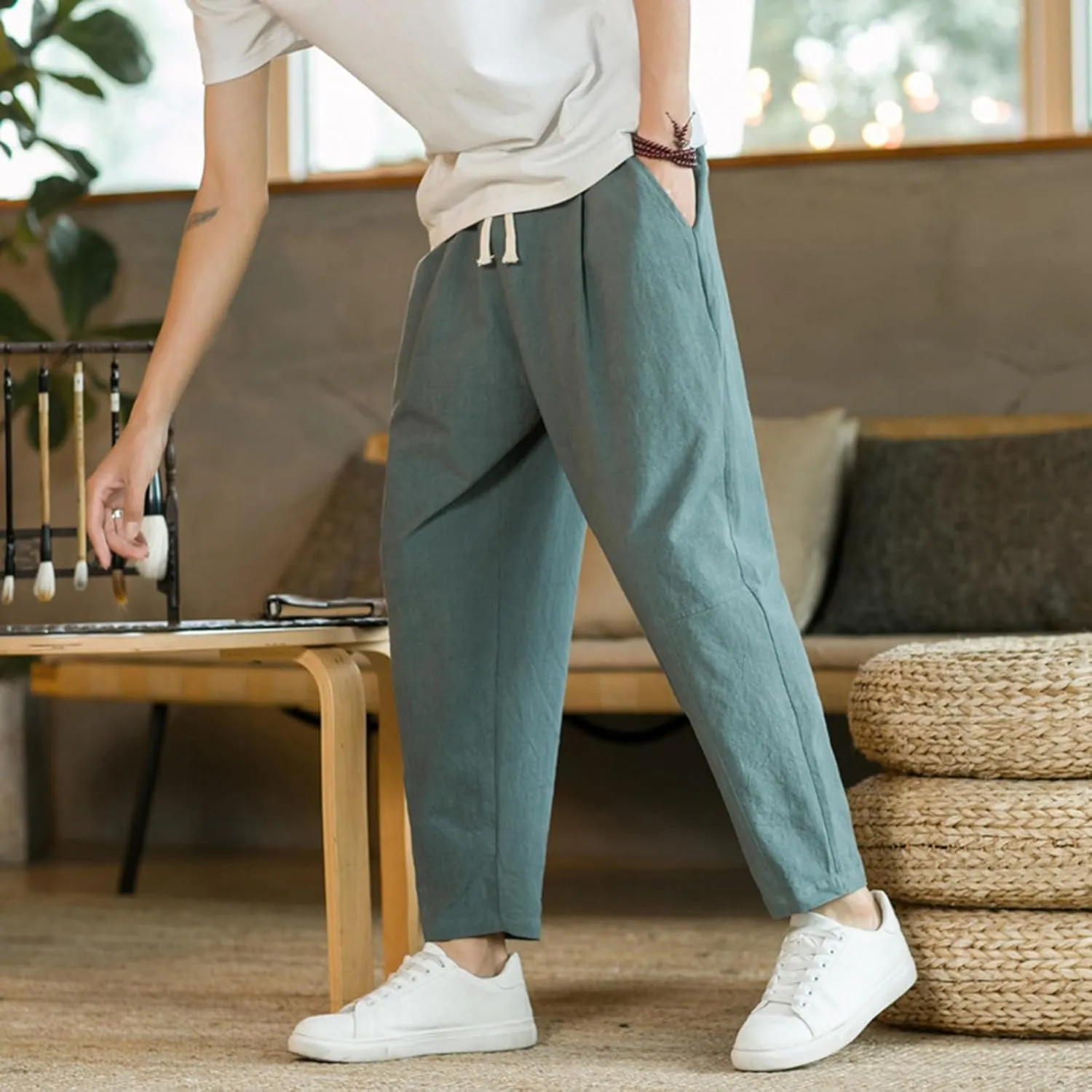 Mens Casual Pants Relaxed Fit Elastic Waist Lightweight Cotton Pants Plus Size Drawstring Summer Beach Pant with Pockets