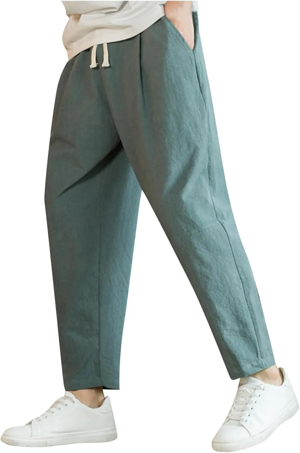 Mens Casual Pants Relaxed Fit Elastic Waist Lightweight Cotton Pants Plus Size Drawstring Summer Beach Pant with Pockets