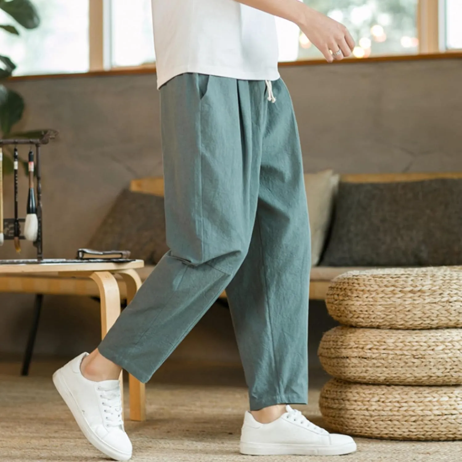 Mens Casual Pants Relaxed Fit Elastic Waist Lightweight Cotton Pants Plus Size Drawstring Summer Beach Pant with Pockets