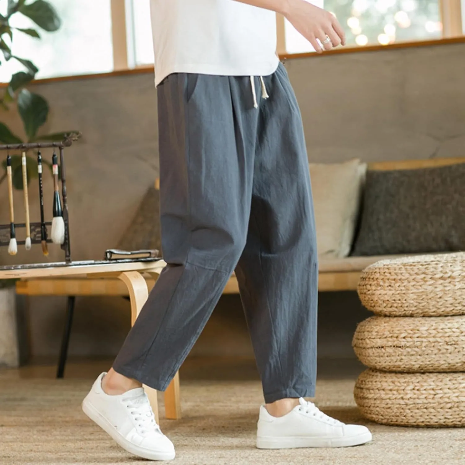 Mens Casual Pants Relaxed Fit Elastic Waist Lightweight Cotton Pants Plus Size Drawstring Summer Beach Pant with Pockets