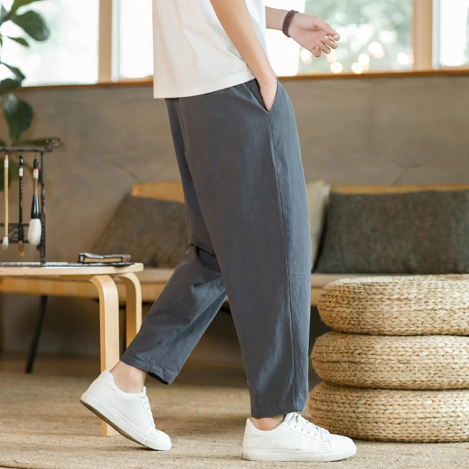 Mens Casual Pants Relaxed Fit Elastic Waist Lightweight Cotton Pants Plus Size Drawstring Summer Beach Pant with Pockets