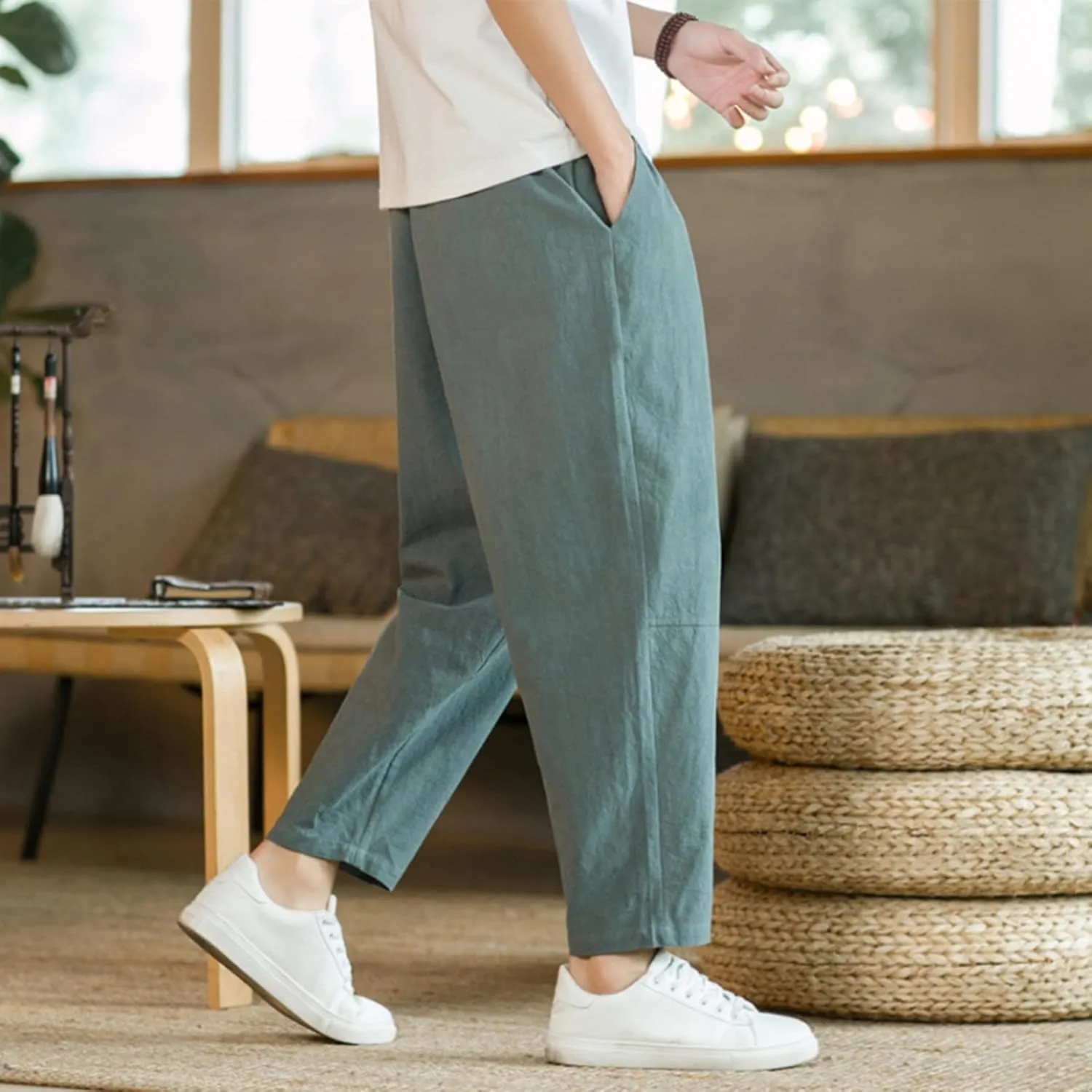 Mens Casual Pants Relaxed Fit Elastic Waist Lightweight Cotton Pants Plus Size Drawstring Summer Beach Pant with Pockets