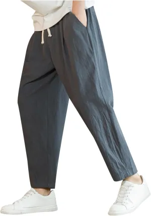 Mens Casual Pants Relaxed Fit Elastic Waist Lightweight Cotton Pants Plus Size Drawstring Summer Beach Pant with Pockets
