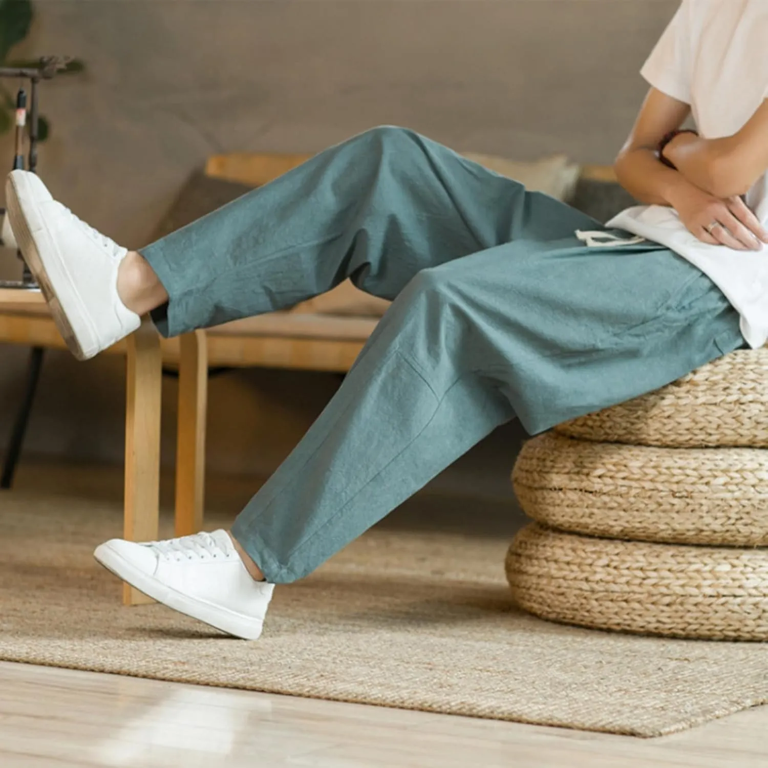 Mens Casual Pants Relaxed Fit Elastic Waist Lightweight Cotton Pants Plus Size Drawstring Summer Beach Pant with Pockets
