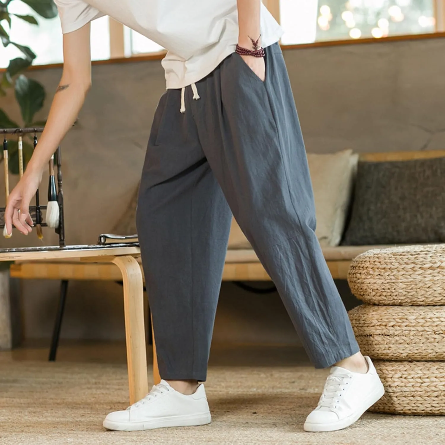 Mens Casual Pants Relaxed Fit Elastic Waist Lightweight Cotton Pants Plus Size Drawstring Summer Beach Pant with Pockets