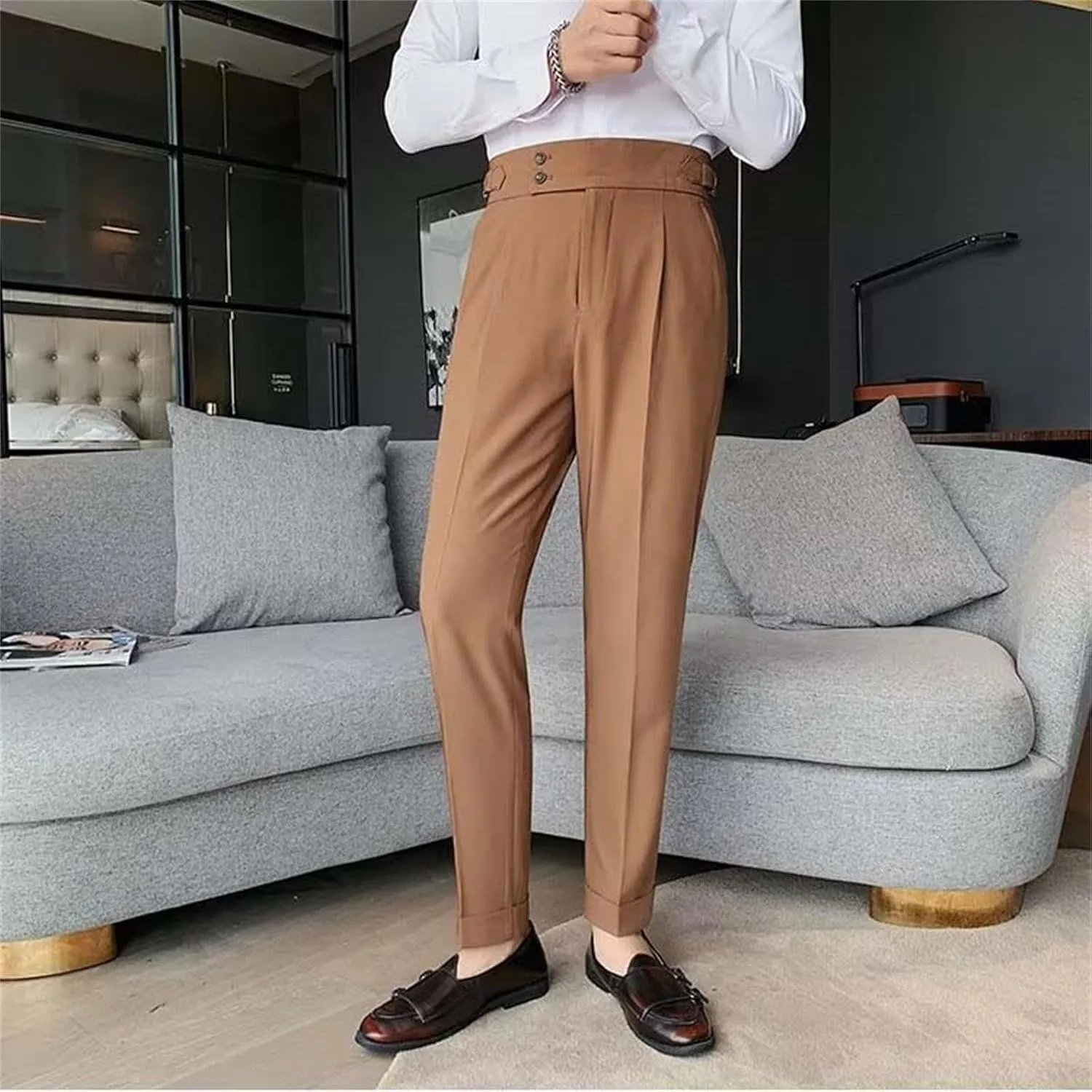 Mens Casual Pants Slim Fit High Waisted Straight Leg Dress Pants Lightweight Solid Color Business Work Pants Lounge Trousers