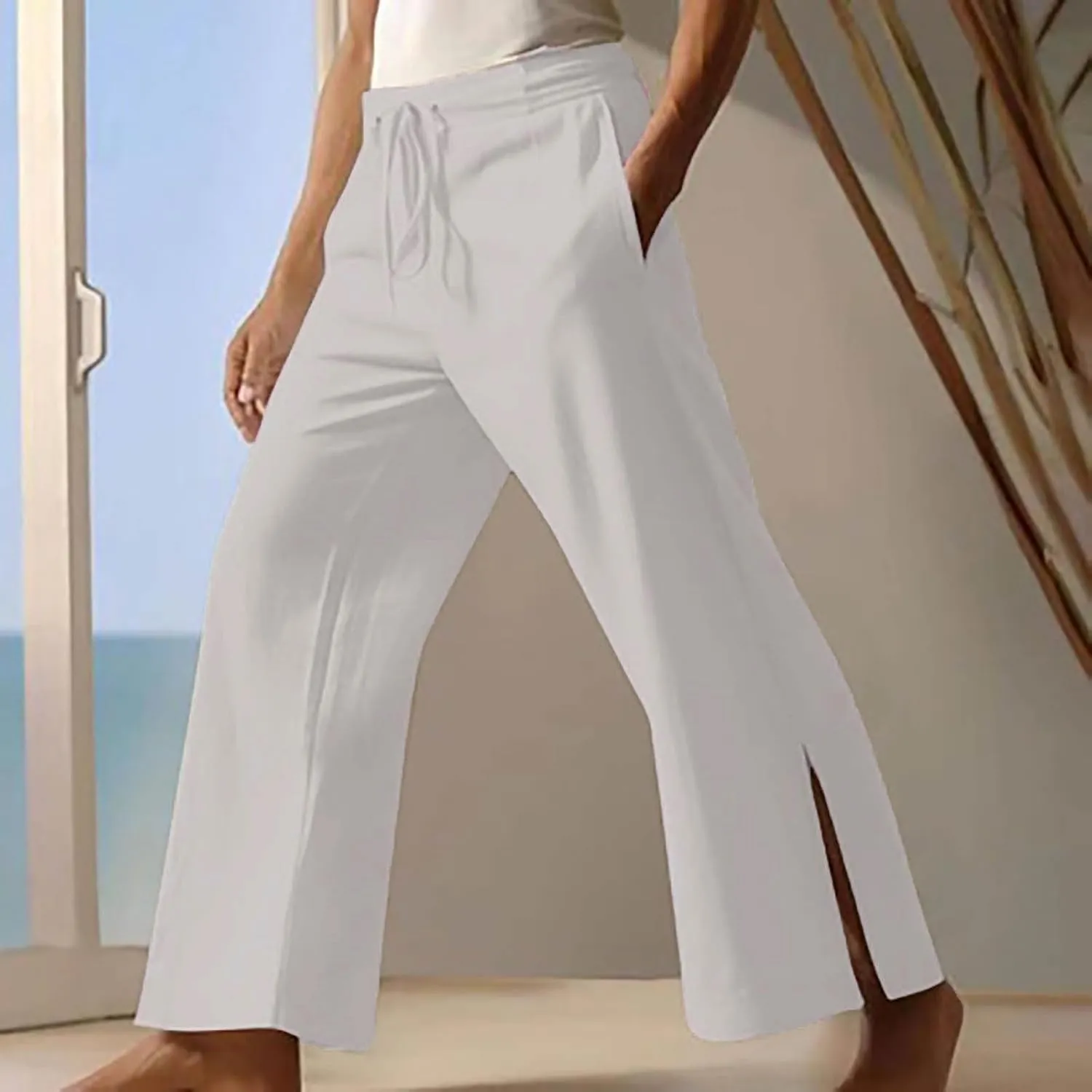 Men's Casual Pants Wide Leg Big and Tall Stretch Bell Bottoms Trousers Lightweight Relaxed Fit Drawstring Elastic Waist Pants