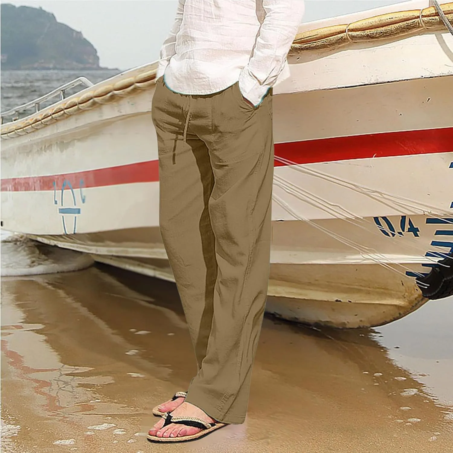 Mens Chino Pants Casual Linen Pants Drawstring Elastic Waist Summer Beach Pants Lightweight Plus Size Loose Fit Joggers