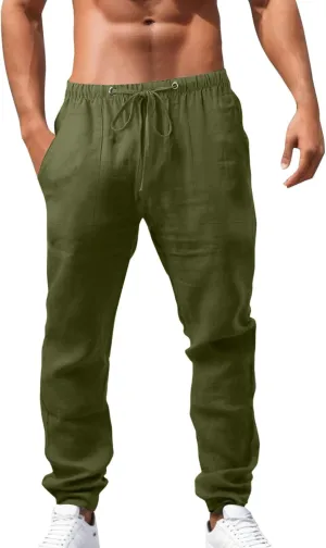Mens Chino Pants Casual Linen Pants Drawstring Elastic Waist Summer Beach Pants Lightweight Plus Size Loose Fit Joggers