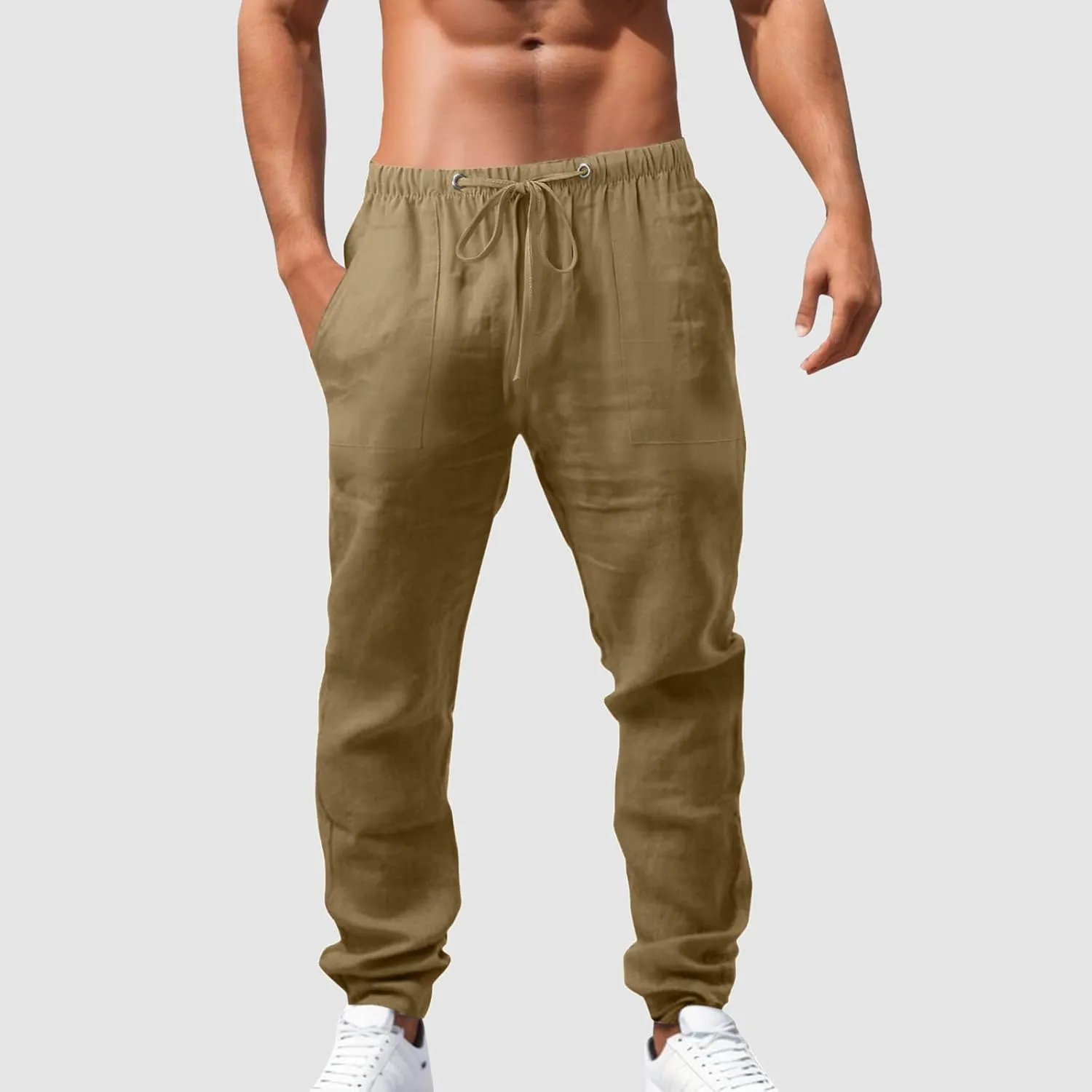 Mens Chino Pants Casual Linen Pants Drawstring Elastic Waist Summer Beach Pants Lightweight Plus Size Loose Fit Joggers