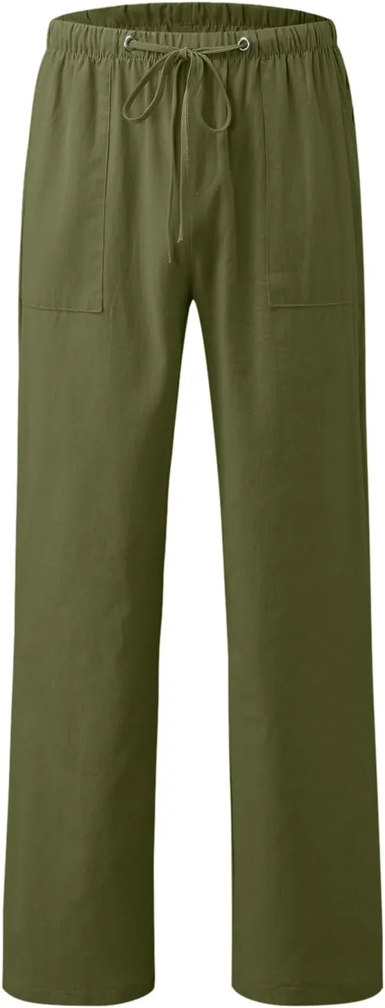 Mens Chino Pants Casual Linen Pants Drawstring Elastic Waist Summer Beach Pants Lightweight Plus Size Loose Fit Joggers