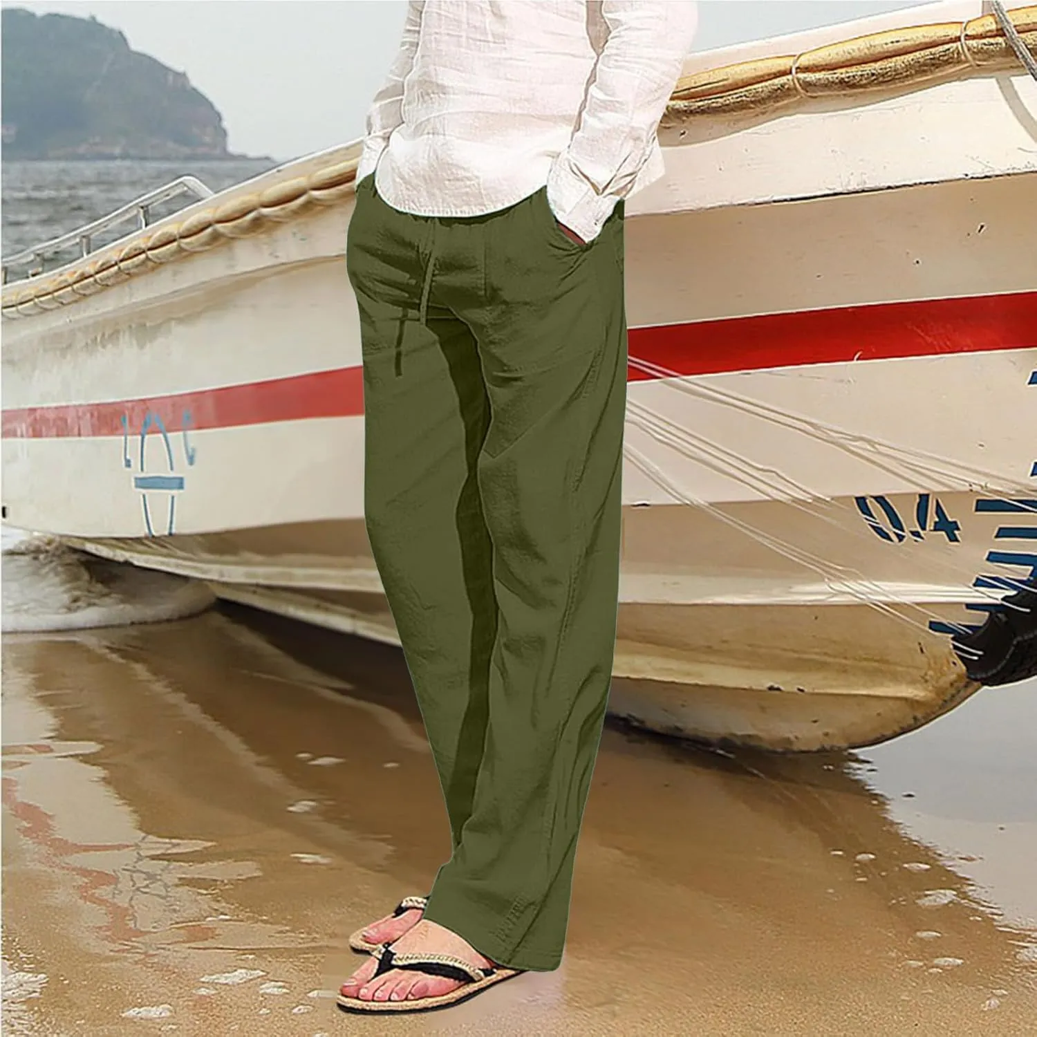 Mens Chino Pants Casual Linen Pants Drawstring Elastic Waist Summer Beach Pants Lightweight Plus Size Loose Fit Joggers