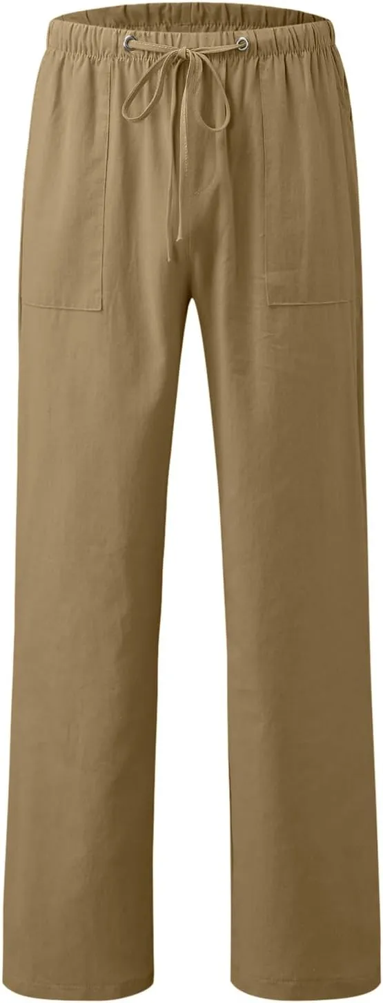 Mens Chino Pants Casual Linen Pants Drawstring Elastic Waist Summer Beach Pants Lightweight Plus Size Loose Fit Joggers