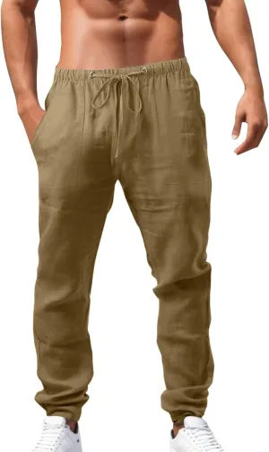 Mens Chino Pants Casual Linen Pants Drawstring Elastic Waist Summer Beach Pants Lightweight Plus Size Loose Fit Joggers