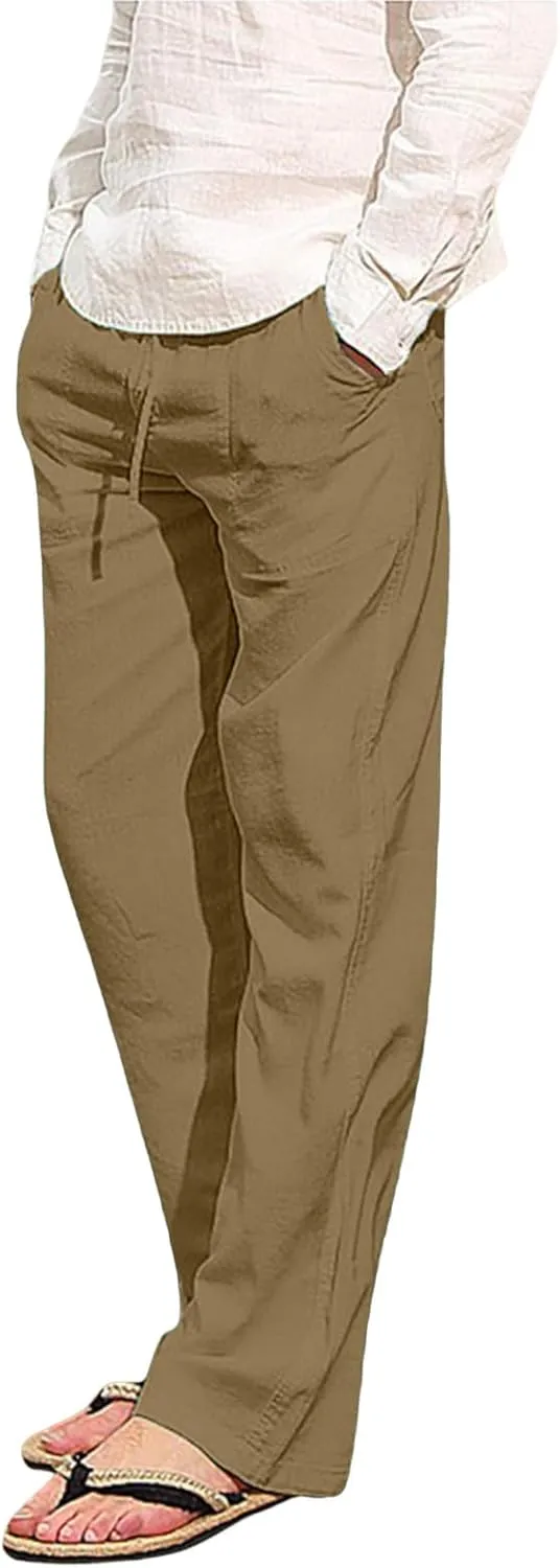 Mens Chino Pants Casual Linen Pants Drawstring Elastic Waist Summer Beach Pants Lightweight Plus Size Loose Fit Joggers