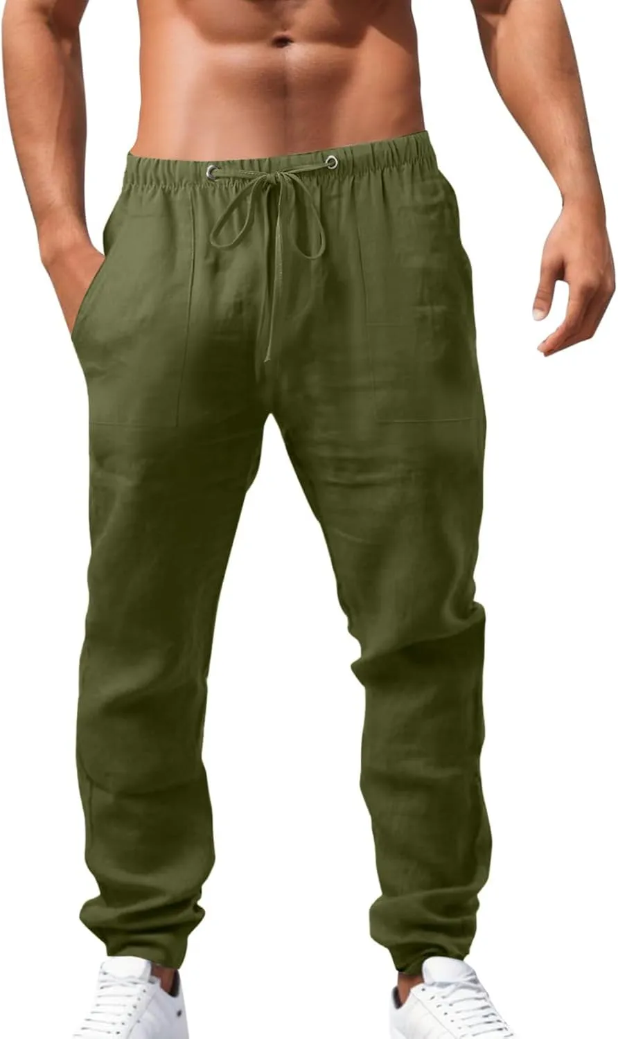 Mens Chino Pants Casual Linen Pants Drawstring Elastic Waist Summer Beach Pants Lightweight Plus Size Loose Fit Joggers