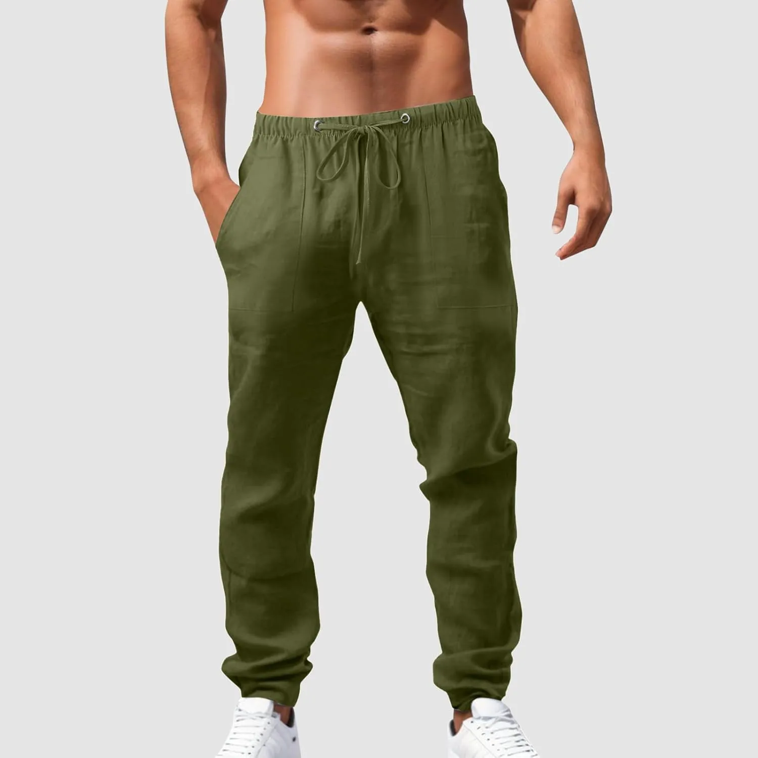 Mens Chino Pants Casual Linen Pants Drawstring Elastic Waist Summer Beach Pants Lightweight Plus Size Loose Fit Joggers