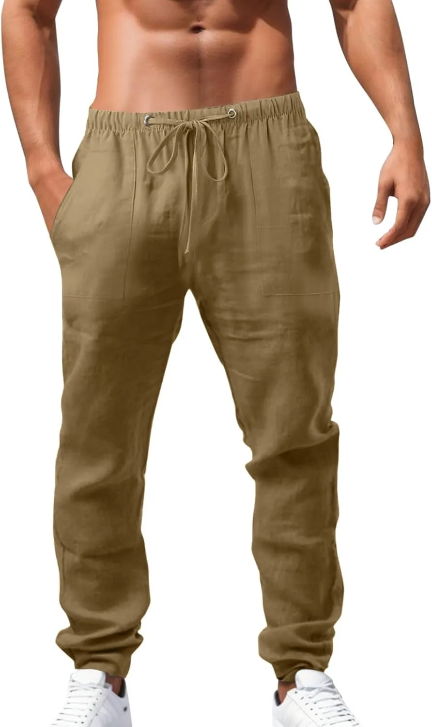 Mens Chino Pants Casual Linen Pants Drawstring Elastic Waist Summer Beach Pants Lightweight Plus Size Loose Fit Joggers