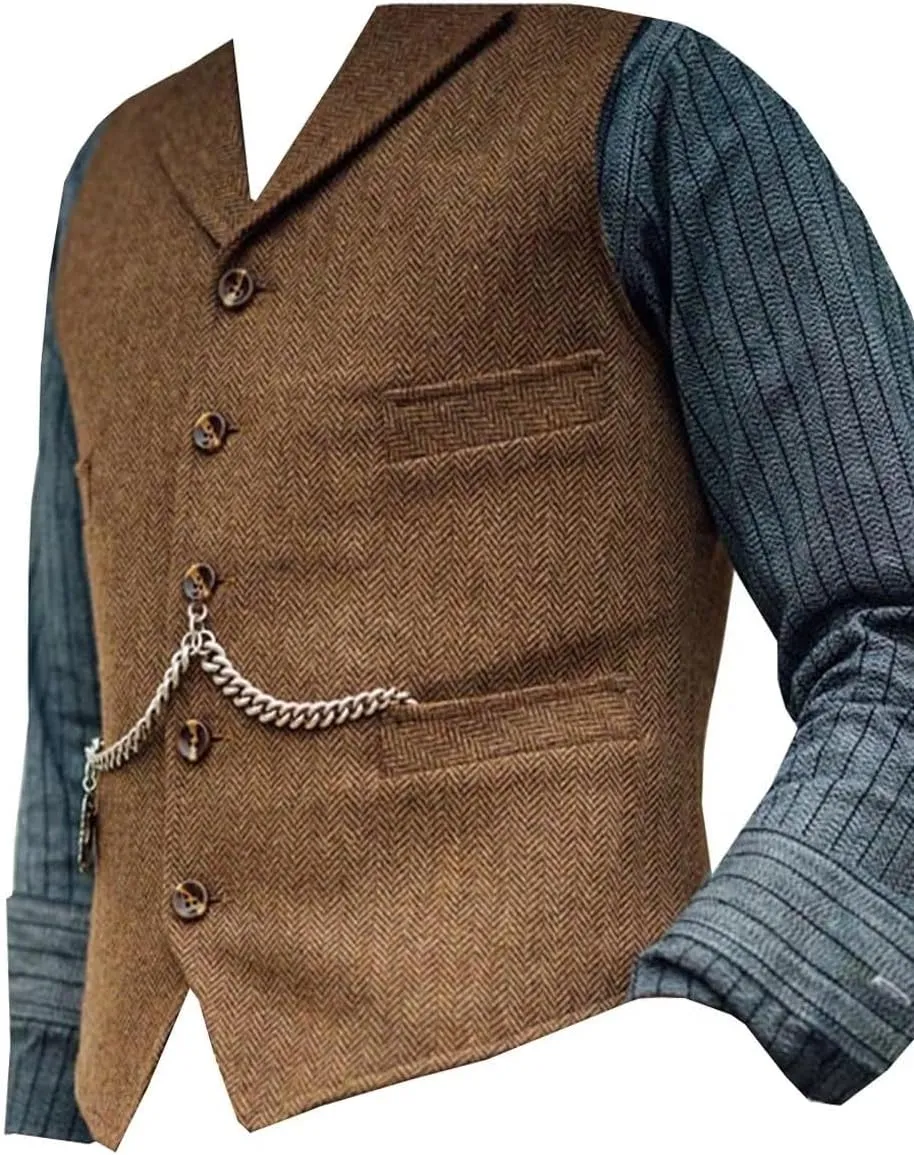 Mens Classic Wool Tweed Suit Vest Casual Sleeveless Jacket Herringbone Waistcoat for Tuxedos for Tuxedos