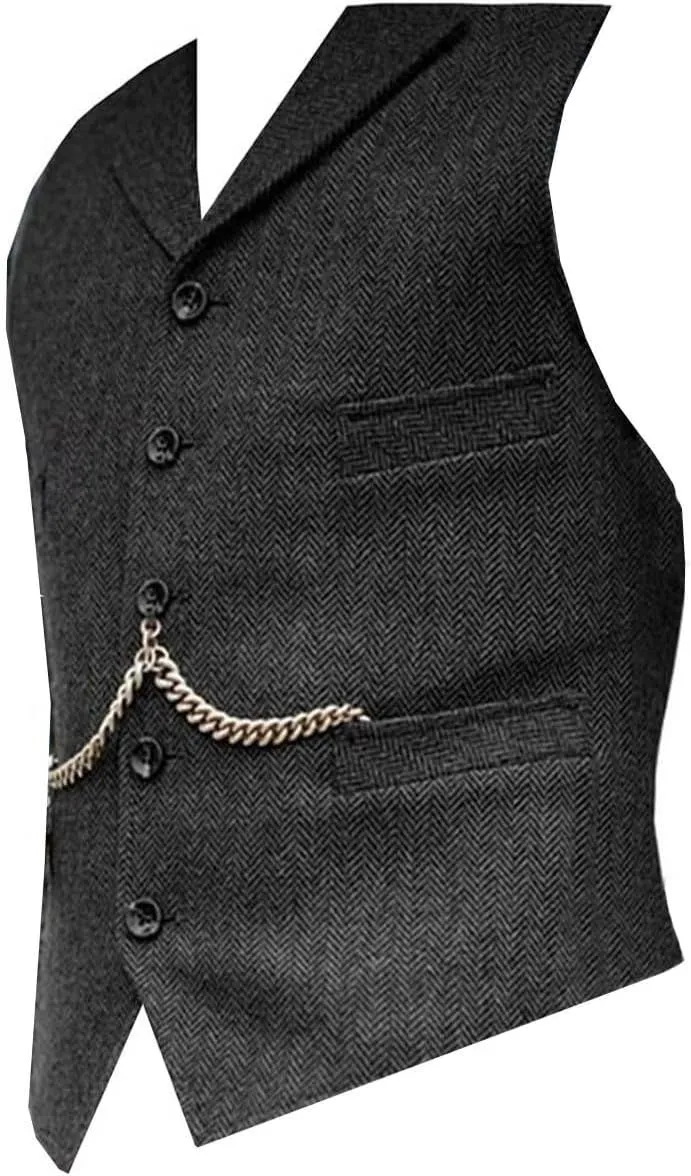 Mens Classic Wool Tweed Suit Vest Casual Sleeveless Jacket Herringbone Waistcoat for Tuxedos for Tuxedos