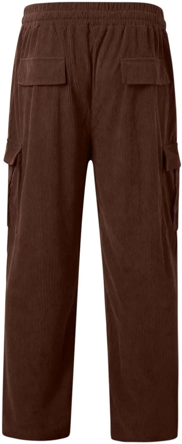 Mens Corduroy Cargo Pants Big and Tall Loose Fit Retro Workwear Sweatpants Casual Straight Leg Plus Size Baggy Trousers